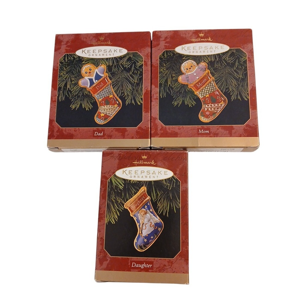 Hallmark Ornaments Stocking Gingerbread Man Mom Dad Angel Daughter Tin Vtg